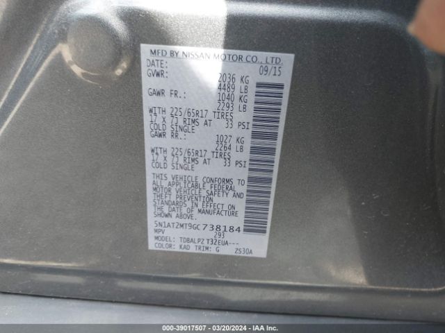 5N1AT2MT9GC738184 Nissan Rogue S/sl/sv