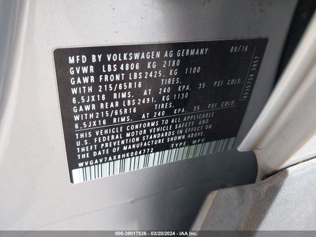 WVGAV7AX8HK004772 Volkswagen Tiguan 2.0t/2.0t S