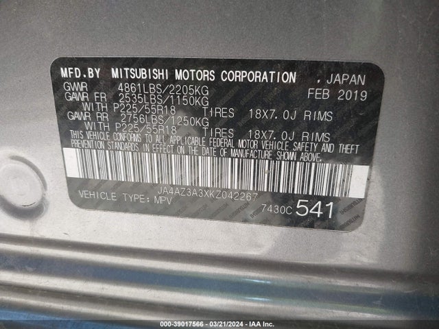 JA4AZ3A3XKZ042267 Mitsubishi Outlander Se