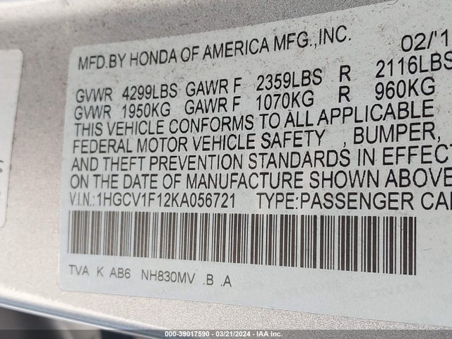 Honda ACCORD LX 2019 1HGCV1F12KA056721 Image 9