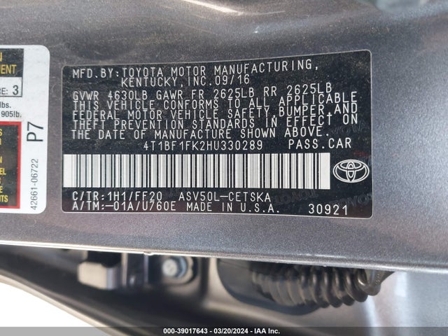 Toyota CAMRY SE 2017 4T1BF1FK2HU330289 Image 9