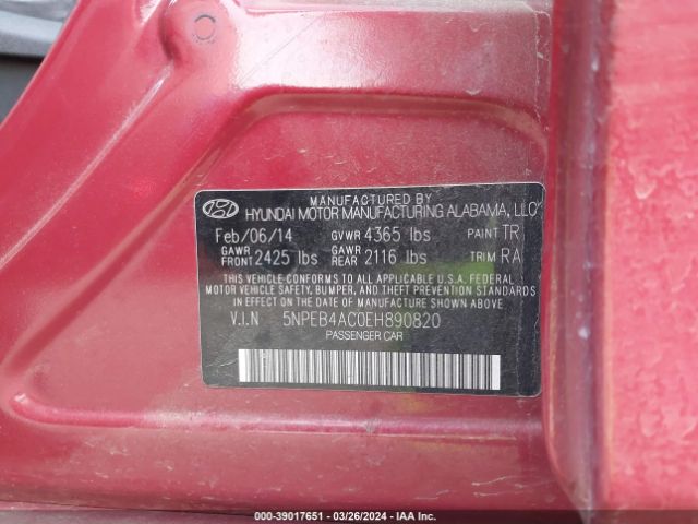 5NPEB4AC0EH890820 Hyundai SONATA GLS