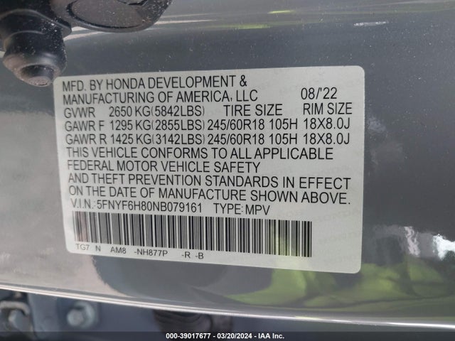 Honda Pilot Awd Trailsport 2022 5FNYF6H80NB079161 Image 9