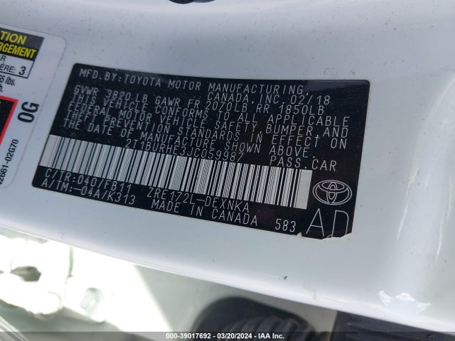 Toyota COROLLA LE 2018 2T1BURHE3JC059987 Image 9
