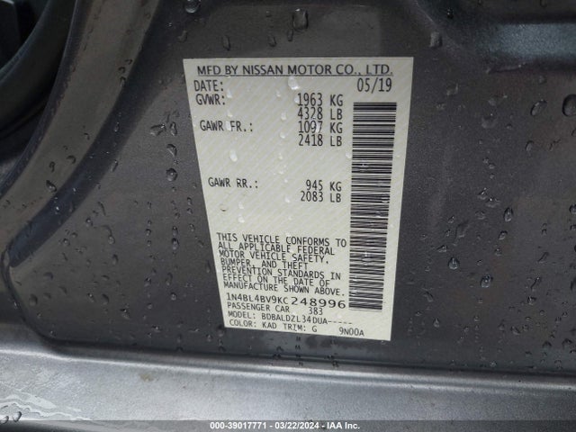 Nissan Altima 2.5 S 2019 1N4BL4BV9KC248996 Image 9