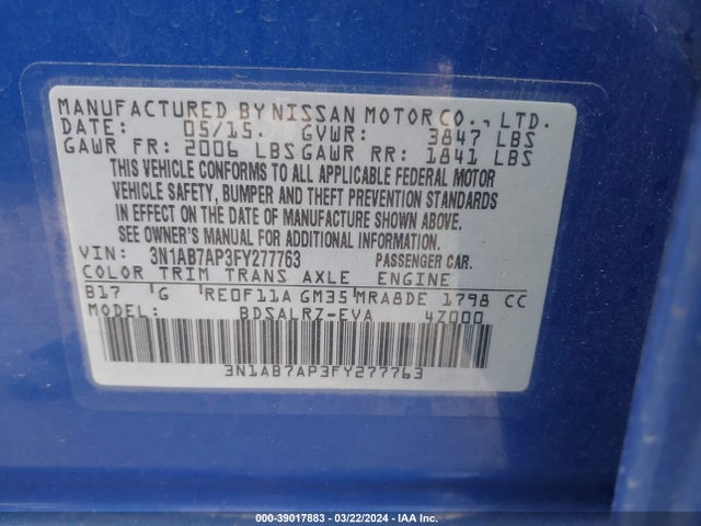 Nissan SENTRA SR 2015 3N1AB7AP3FY277763 Image 9