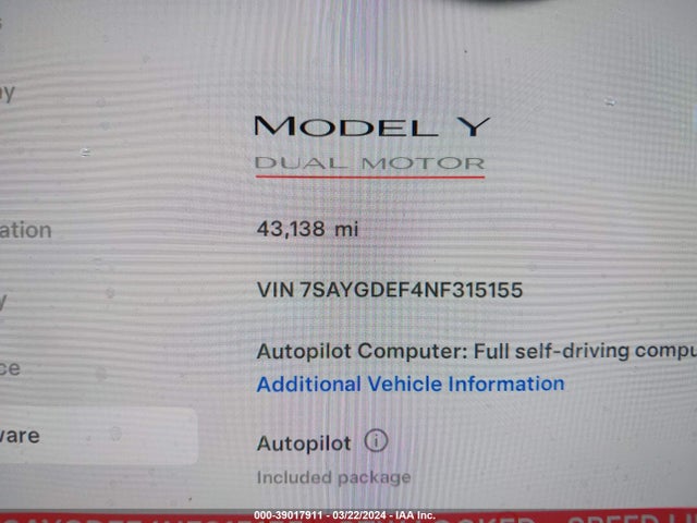 7SAYGDEF4NF315155 Tesla Model Y Performance Dual Motor All-wheel Drive