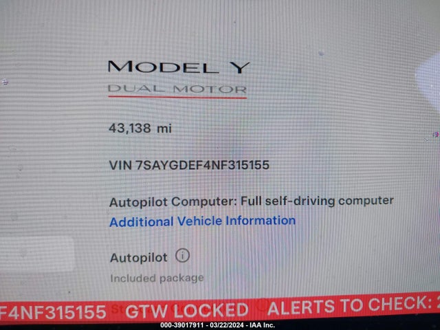 7SAYGDEF4NF315155 Tesla Model Y Performance Dual Motor All-wheel Drive