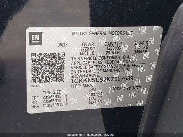 1GKKNSLS2KZ107539 GMC Acadia Sle-2