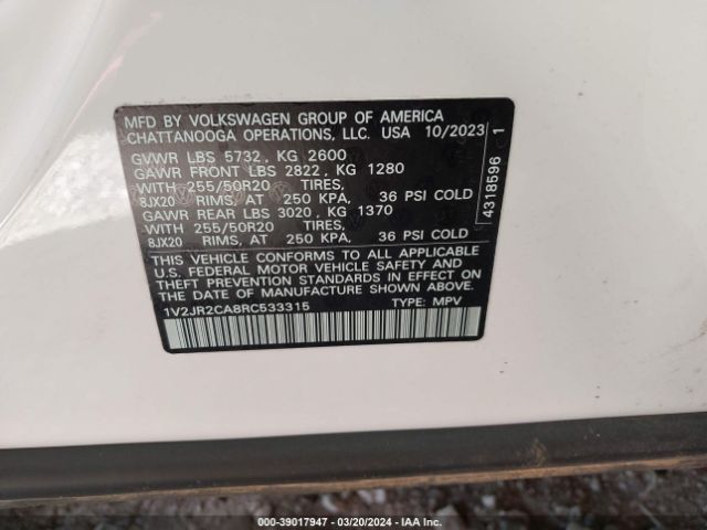 1V2JR2CA8RC533315 Volkswagen Atlas 2.0t Se W/technology