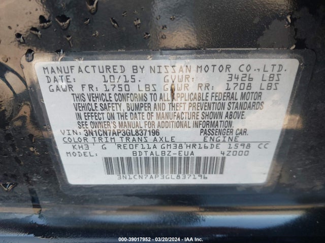 Nissan Versa 1.6 Sv 2016 3N1CN7AP3GL837196 Image 9