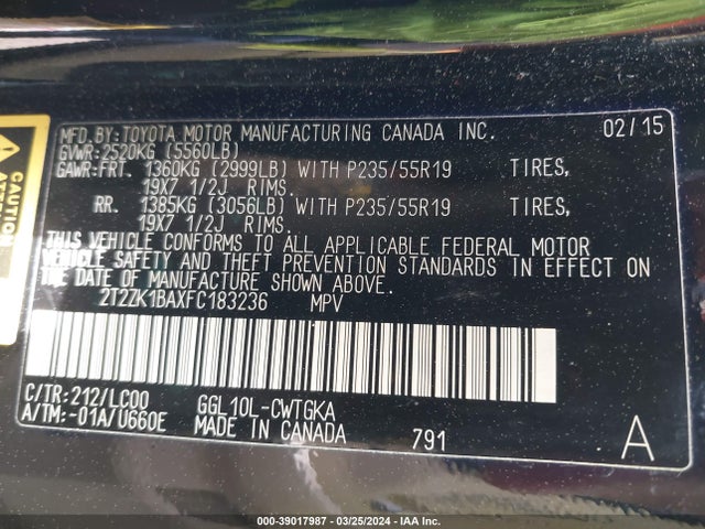 Lexus RX 350 2015 2T2ZK1BAXFC183236 Image 9