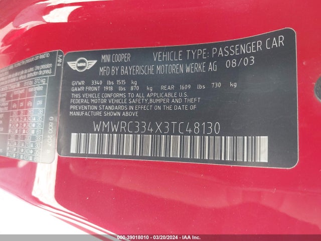 2003 MINI COOPER WMWRC334X3TC48130 Photo 8