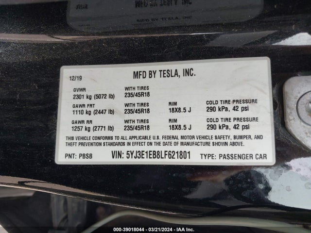5YJ3E1EB8LF621801 Tesla Model 3 Long Range Dual Motor All-wheel Drive