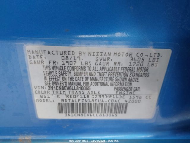 3N1CN8EV6LL810065 Nissan Versa Sv Xtronic Cvt