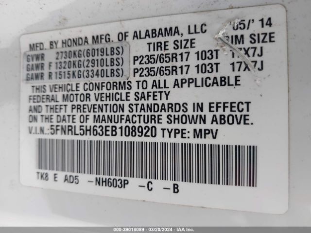 5FNRL5H63EB108920 Honda Odyssey Ex-l