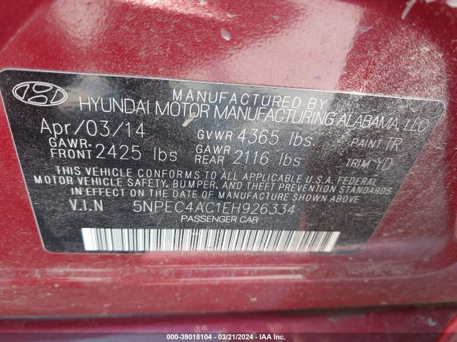 Hyundai Sonata Limited 2014 5NPEC4AC1EH926334 Image 9