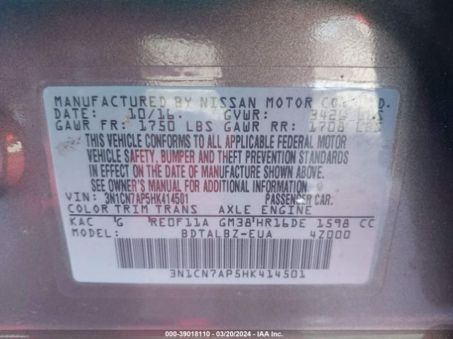 3N1CN7AP5HK414501 Nissan Versa 1.6 Sv