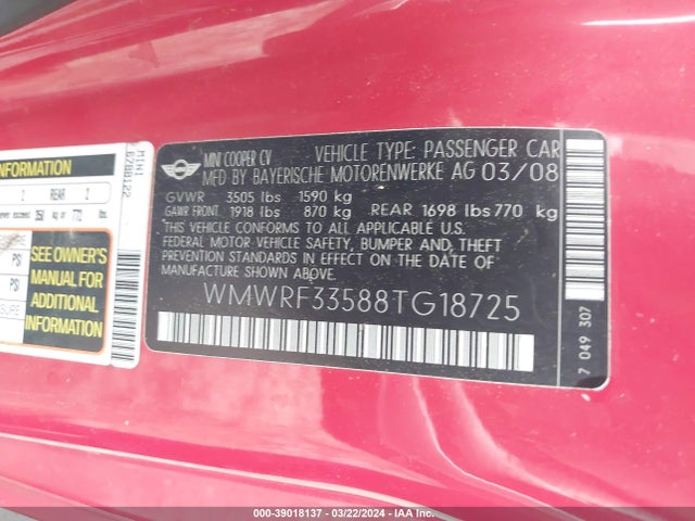 2008 MINI COOPER WMWRF33588TG18725 Photo 8