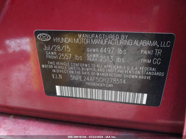 Hyundai SONATA SE 2016 5NPE24AF5GH278514 Image 9