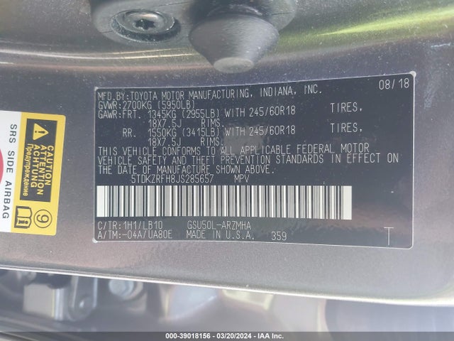 Toyota Highlander Xle 2018 5TDKZRFH8JS285657 Image 9