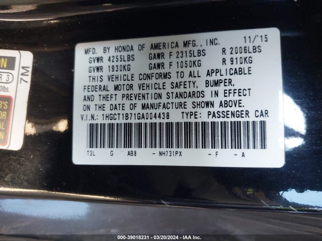 Honda ACCORD EX 2016 1HGCT1B71GA004438 Image 9