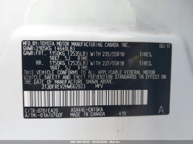 2T3DFREV2HW662923 Toyota Rav4 Platinum