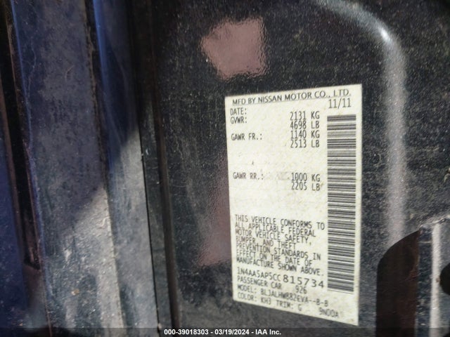 Продаж на аукціоні авто 2012 Nissan Maxima 3.5 Sv, vin: 1N4AA5AP5CC815734, номер лоту: 39018303