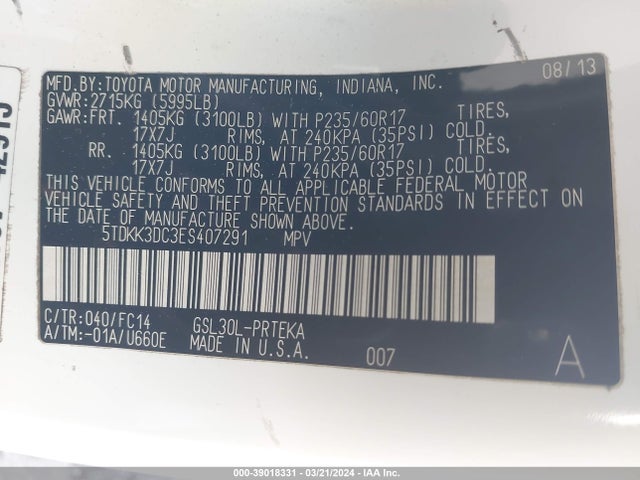 Toyota Sienna Le V6 8 Passenger 2014 5TDKK3DC3ES407291 Image 9
