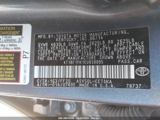 Toyota CAMRY SE 2014 4T1BF1FK1EU839995 Image 9
