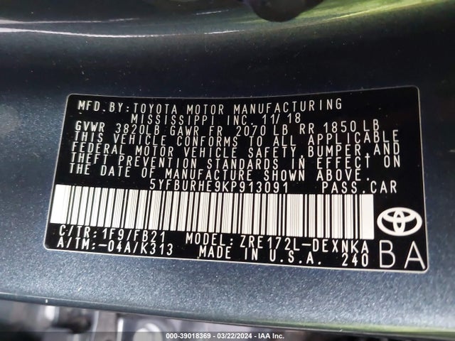 Toyota COROLLA LE 2019 5YFBURHE9KP913091 Image 9