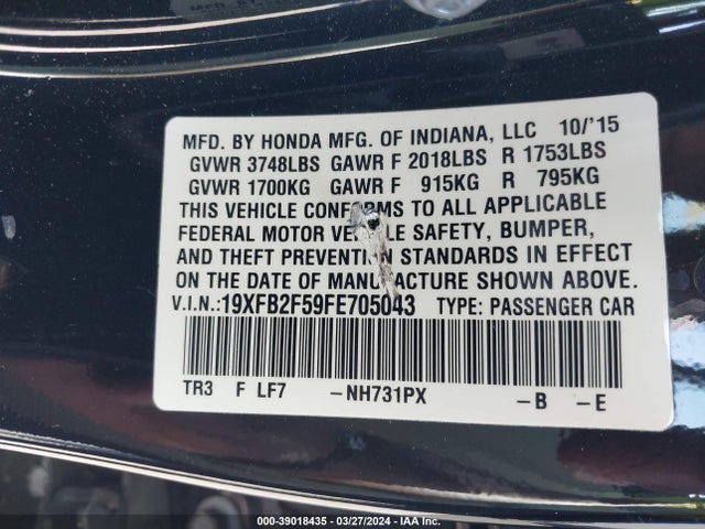 Honda Civic Lx 2015 19XFB2F59FE705043 Image 9