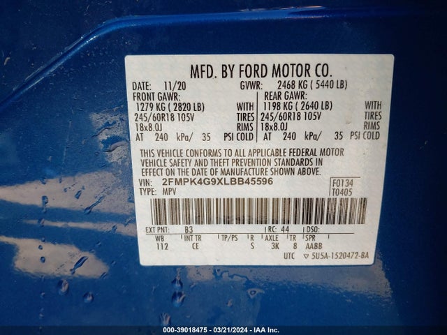 Ford EDGE SE 2020 2FMPK4G9XLBB45596 Image 9