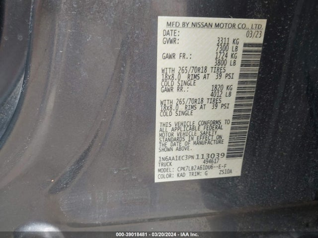 Nissan Titan Sv 4x4 2023 1N6AA1EC3PN113039 Image 9
