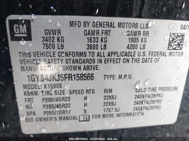 1GYS4JKJ5FR158566 Cadillac Escalade Esv Premium