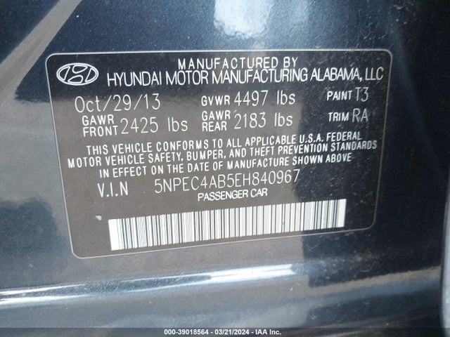 Hyundai Sonata Se 2.0t 2014 5NPEC4AB5EH840967 Image 9