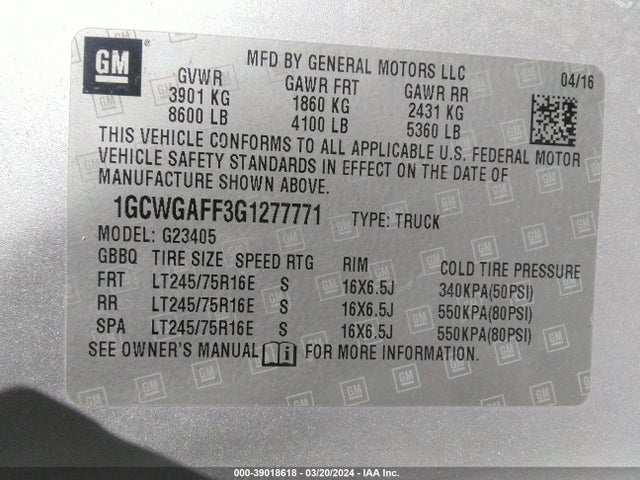 Chevrolet Express 2500 Work Van 2016 1GCWGAFF3G1277771 Image 9