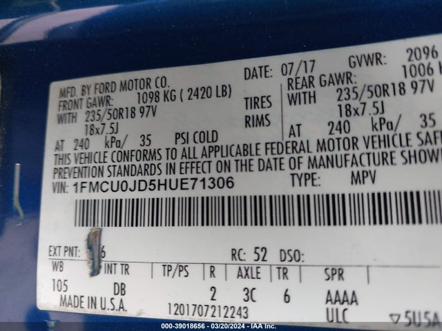 Ford Escape Titanium 2017 1FMCU0JD5HUE71306 Image 9