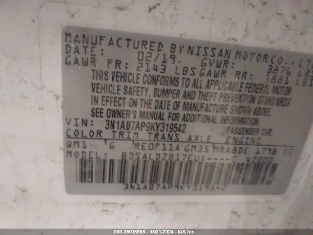 Nissan SENTRA SV 2019 3N1AB7AP9KY319542 Image 9