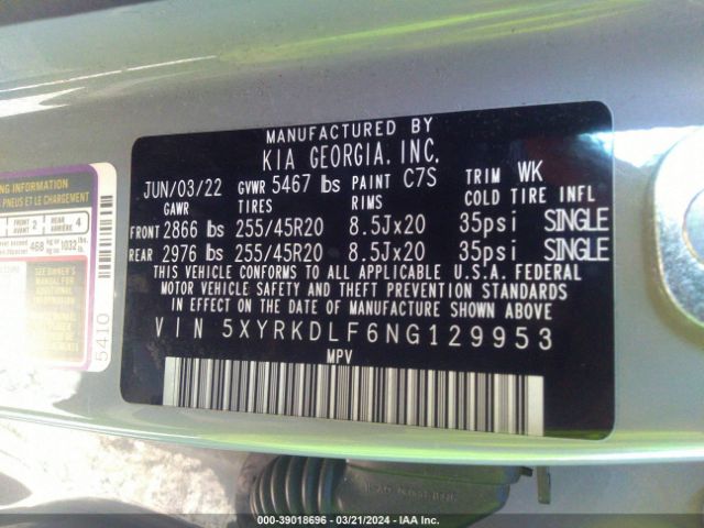 5XYRKDLF6NG129953 KIA SORENTO SX