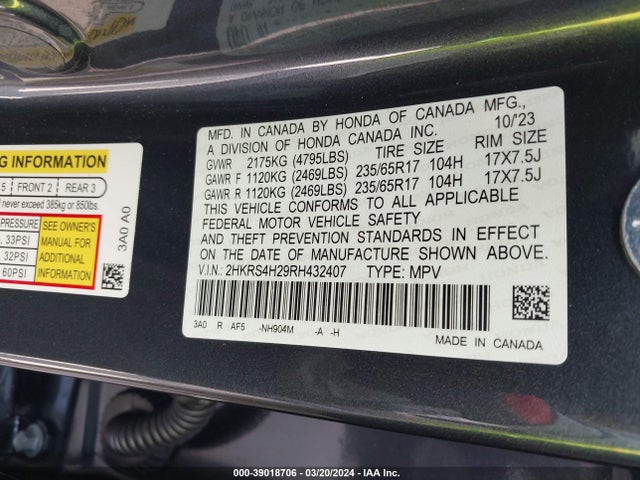 Honda Cr-v Lx Awd 2024 2HKRS4H29RH432407 Image 9