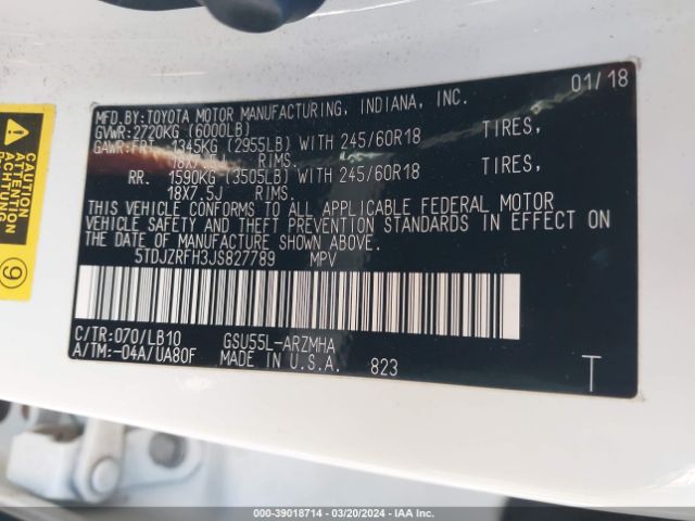 5TDJZRFH3JS827789 Toyota Highlander Xle