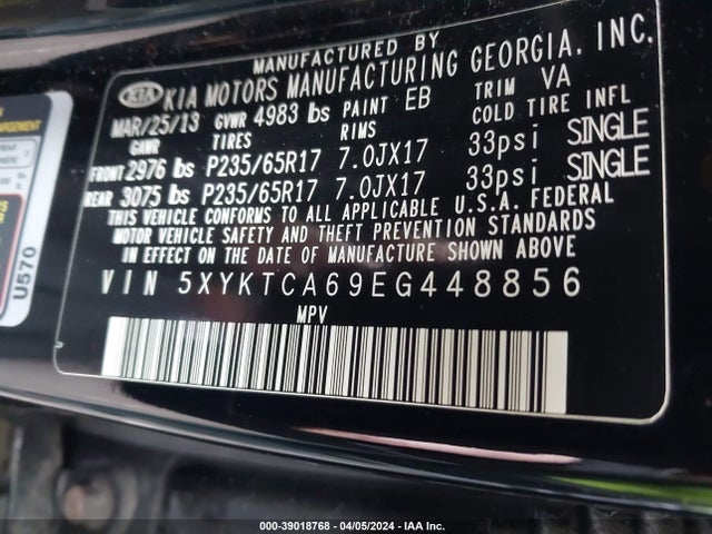 KIA SORENTO LX 2014 5XYKTCA69EG448856 Image 9
