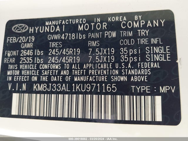 Hyundai Tucson Night 2019 KM8J33AL1KU971165 Image 9