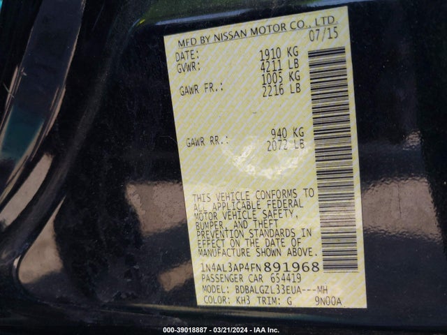 Nissan Altima 2.5 S 2015 1N4AL3AP4FN891968 Image 9