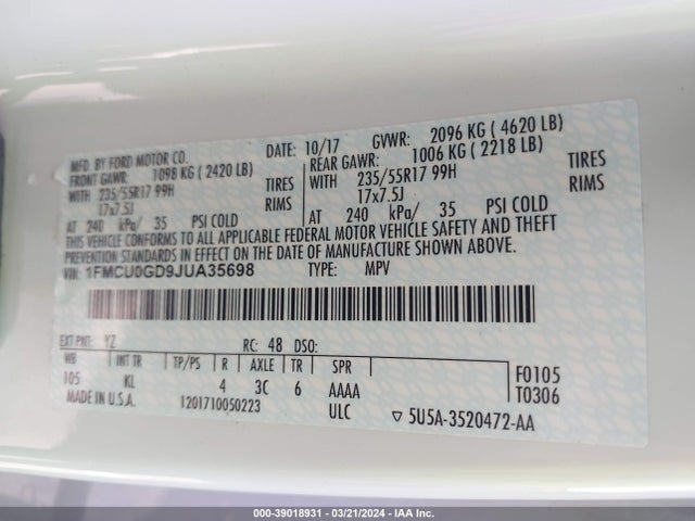 Ford ESCAPE SE 2018 1FMCU0GD9JUA35698 Image 9