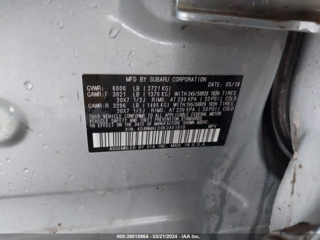 4S4WMALD0K3401810 Subaru Ascent Limited