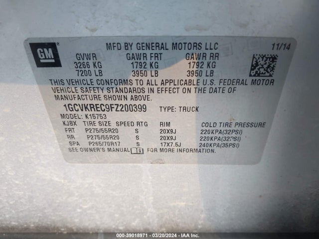 Chevrolet Silverado 1500 1lt 2015 1GCVKREC9FZ200399 Image 9