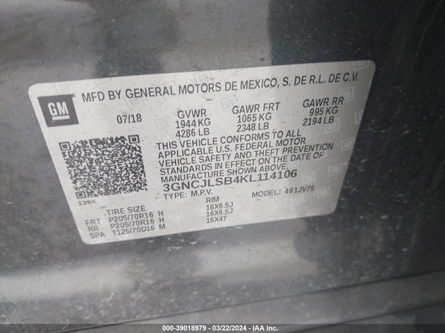 Chevrolet Trax Lt 2019 3GNCJLSB4KL114106 Image 9