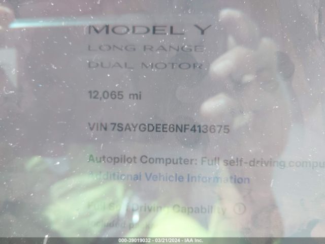 7SAYGDEE6NF413675 Tesla Model Y Long Range Dual Motor All-wheel Drive